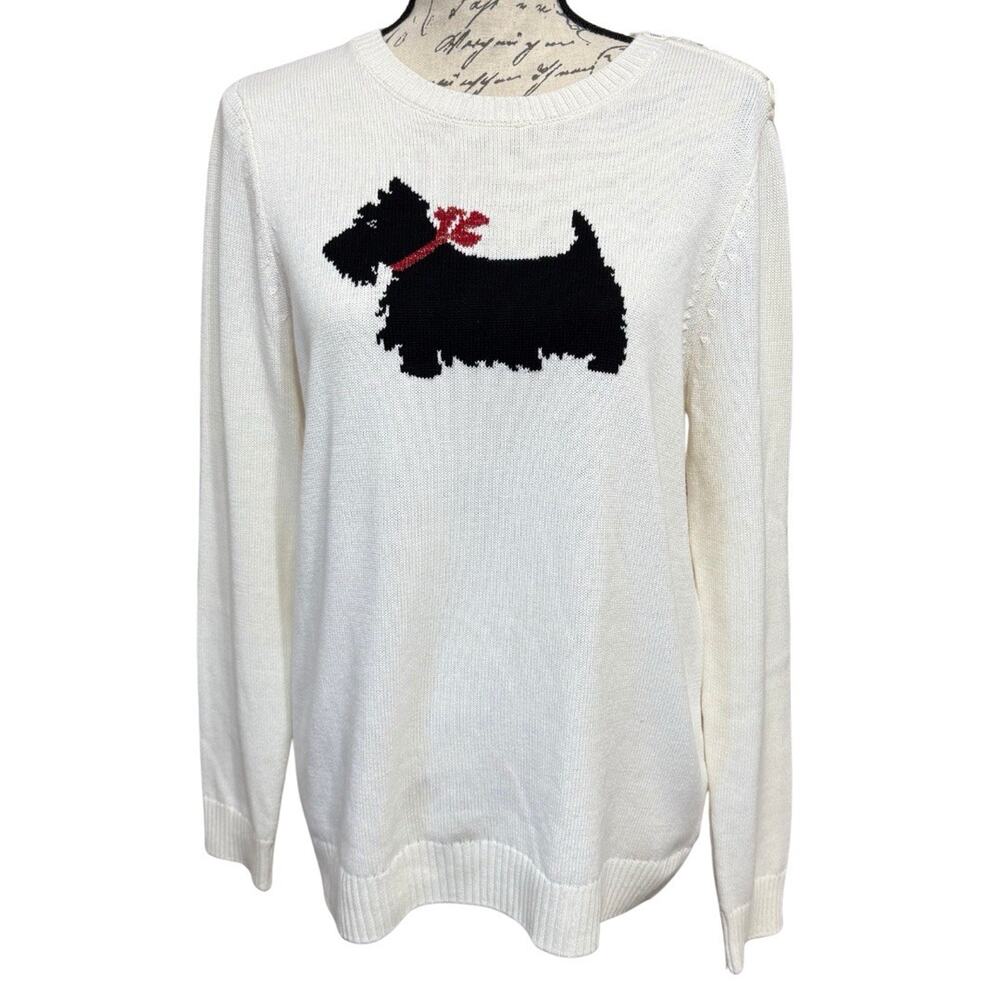 Charter Club Scotty Dog Crewneck Sweater Women M Ivory Shoulder Buttons Holiday